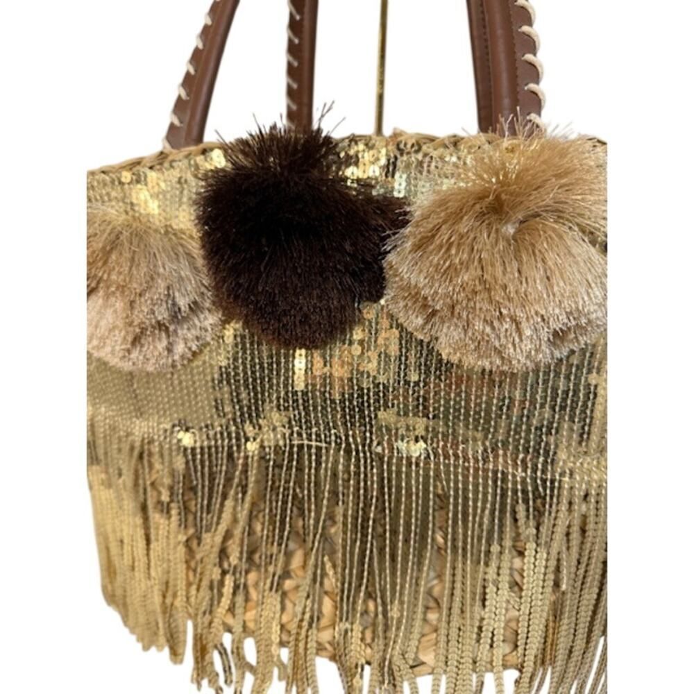 Molly Bracken Woven Rattan w/ Gold Sequin Fringe Bag Beach Large 20" - Picture 4 of 6